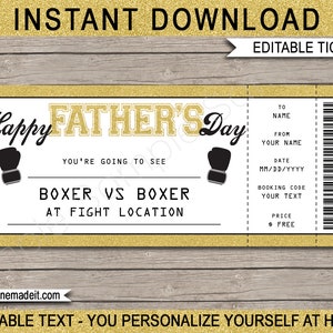 Boxticket Geschenkgutschein Vatertagskampf Überraschungs-Boxing Match Ticket Card Coupon für Papa Druckbare Vorlage - EDITIERBARER TEXT-DOWNLOAD