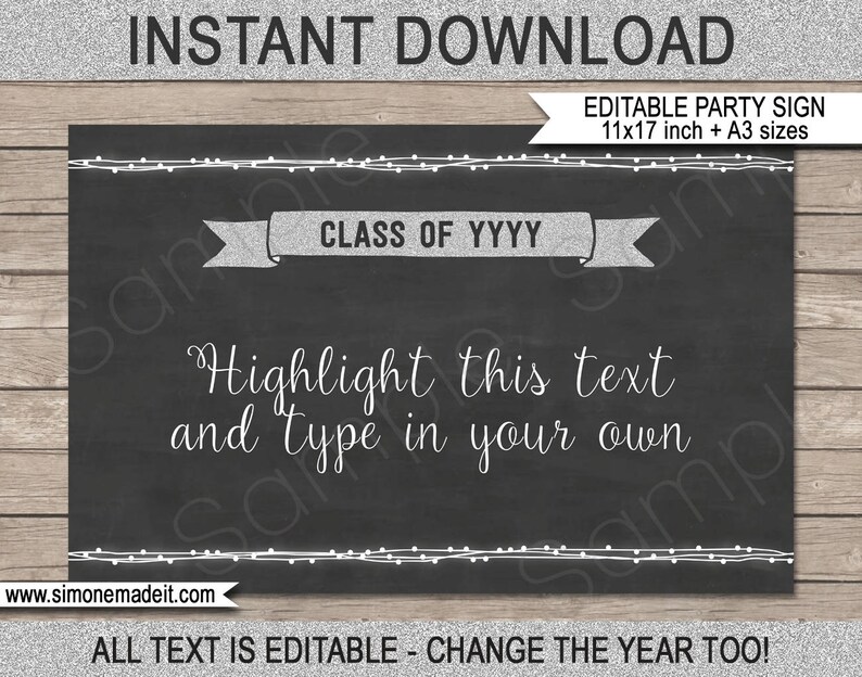 Puede incluir: Se&ntilde;al de fiesta de graduaci&oacute;n editable con fondo de pizarra negra y luces de cadena blancas. El letrero dice "Clase de YYYY" y "Resalta este texto y escribe el tuyo propio".