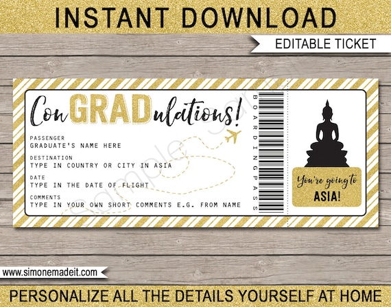 Asia Boarding Pass Graduation Gift Printable Plane Ticket - Surprise Thailand Cambodia Laos Vietnam Trip - INSTANT DOWNLOAD - EDITABLE text Il_570xn