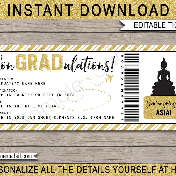 Asia Boarding Pass Graduation Gift Printable Plane Ticket - Surprise Thailand Cambodia Laos Vietnam Trip - INSTANT DOWNLOAD - EDITABLE text