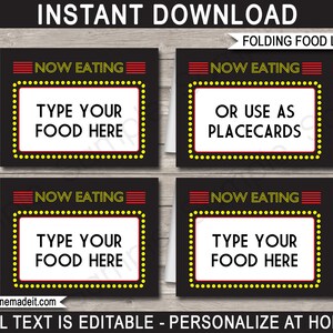Movie Food Labels Template - Printable Birthday Party Decorations - Buffet Tags - INSTANT DOWNLOAD - EDITABLE text
