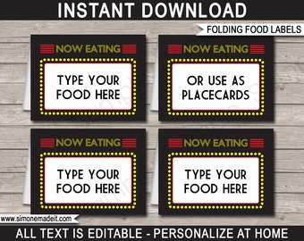 Movie Food Labels Template - Printable Birthday Party Decorations - Buffet Tags - INSTANT DOWNLOAD - EDITABLE text