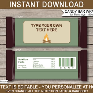 Camping Party Candy Bar Wrappers Template - Printable Campout Theme Party Favors - Chocolate Labels - EDITABLE TEXT DOWNLOAD - you edit