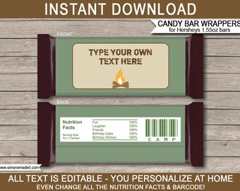 Camping Party Candy Bar Wrappers: Editable Campout Favors (Digital Download)