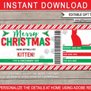 Haustier Kätzchen Katze Geschenkgutschein Vorlage - Druckbare Weihnachtsgutschein Ticket Coupon für Kinder - INSTANT DOWNLOAD mit EDITIERBARE Text