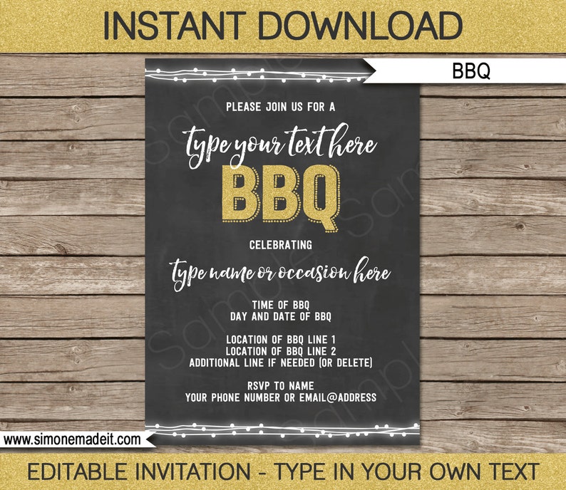 May include: Black chalkboard-style BBQ invitation with gold glitter text. The invitation includes editable fields for event details and RSVP information. The words "INSTANT DOWNLOAD" and "EDITABLE INVITATION" are also visible.