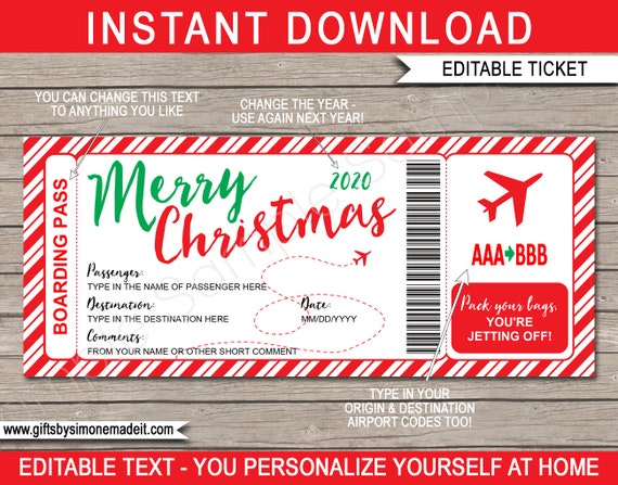 Christmas Boarding Pass Template Ticket Surprise Trip Reveal Flight Holiday Vacation Fake Plane Ticket Instant Download Editable By Simonemadeit Catch My Party