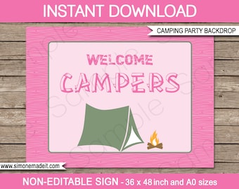 Pink Camping Party Signs: Welcome Campers, S'mores Bar (PDF Download)