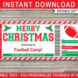 Weihnachten Fußball Camp Geschenkgutschein Ticket Vorlage zum ausdrucken - Überraschungs Trainingslager oder Geschicklichkeitszentrum - SOFORTIGER DOWNLOAD - EDITIERBARER Text