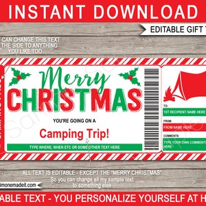 Camping Trip Ticket Template Geschenkgutschein Gutschein Pass - Printable Weihnachtsüberraschungsreise Reveal - Urlaub - EDITIERBARER Text DOWNLOAD