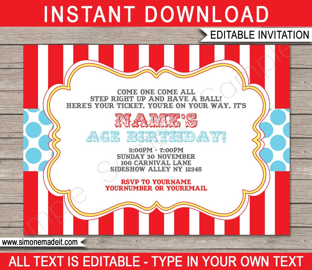 Circus Birthday Party Invitation Printable Invite Template Etsy UK