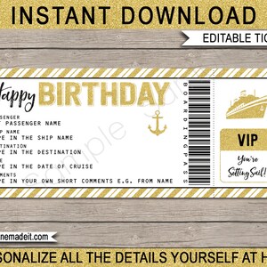 Cruise Ticket Verjaardagscadeau - Afdrukbare instapkaartsjabloon - Verrassingscruise - Cadeaubon Certificaatcoupon - BEWERKBARE TEKST DOWNLOAD