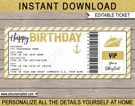 Cruise Ticket Birthday Gift Printable Boarding Pass Template 
