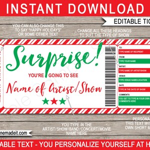 Surprise Concert Reveal Template - Druckbares Weihnachtsgeschenk - Ticket-Gutschein Zertifikat Coupon - INSTANT DOWNLOAD mit EDITIERBARE Text