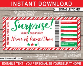 Surprise Concert Reveal Template - Printable Christmas Gift - Ticket Voucher Certificate Coupon - INSTANT DOWNLOAD with EDITABLE text