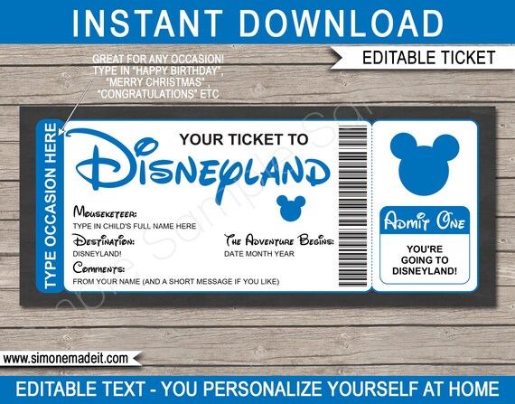 Disneyland Ticket Printable Personalized Template Gift - Surprise