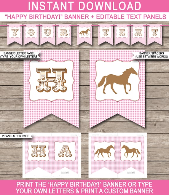 Horse Party Banner - Pony Party - Happy Birthday Banner - Custom Banner - Party Decorations - Bunting - INSTANT DOWNLOAD with EDITABLE text Il_570xn