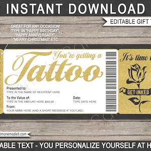 Tattoo Voucher certificaat Ticket Gift Card afdrukbare sjabloon - Rose Flower Design voor haar - Get Inked - INSTANT DOWNLOAD - BEWERKBARE tekst