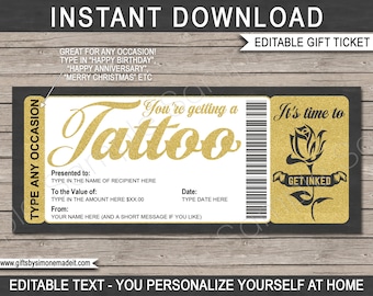 Tattoo Voucher Certificate Ticket Gift Card Printable Template - Rose Flower Design for her - Get Inked - INSTANT DOWNLOAD - EDITABLE text