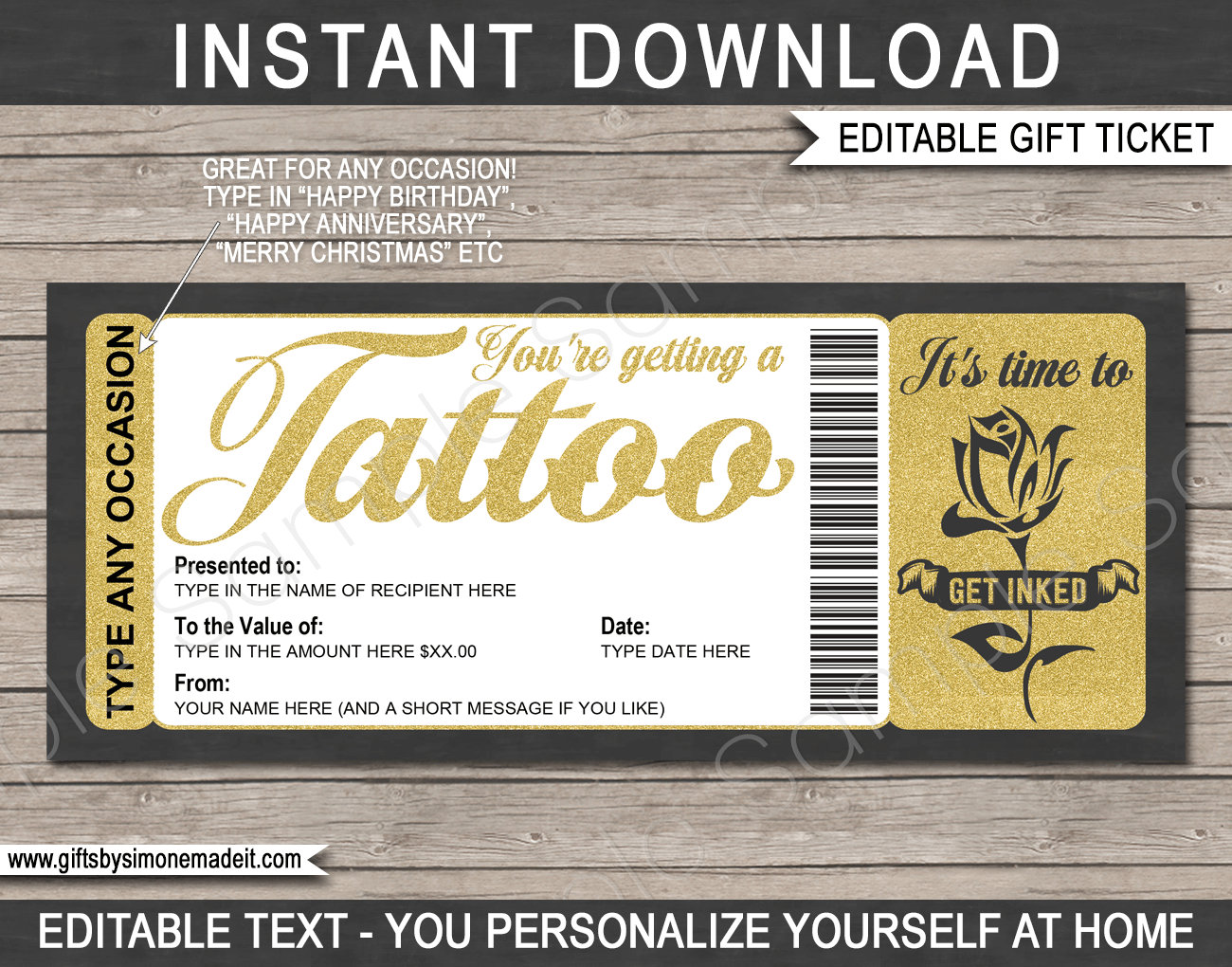 Tattoo Ticket Gift Certificate Personalised Coupon (Instant