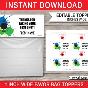 Paintball Favor Bag Toppers Template - Printable Paint Ball Theme Birthday Party Favors - 4 inches wide - INSTANT DOWNLOAD - EDITABLE text