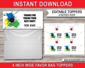 Plantilla de toppers de bolsa de favor de paintball - Favores de fiesta de cumpleaños de tema de bola de pintura imprimible - 4 pulgadas de ancho - DESCARGA INSTANTE - Texto EDITABLE