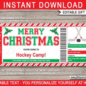 Weihnachtshockey Camp Geschenkgutschein Ticket Vorlage zum Ausdrucken - Überraschungs-Trainingslager oder Fähigkeiten-Klinik - SOFORTIGER DOWNLOAD mit EDITIERBARE Text