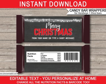 Christmas Candy Bar Wrappers Template - Printable Xmas Chocolate Labels - Gift Idea - INSTANT DOWNLOAD with EDITABLE text