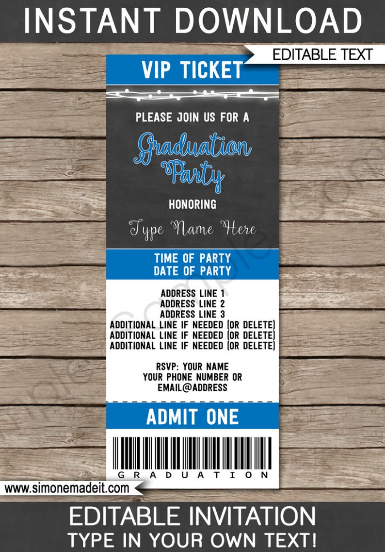 Pode incluir: Modelo de convite edit&aacute;vel para uma festa de gradua&ccedil;&atilde;o com um esquema de cores azul e preto. O texto diz "VIP Ticket" e "Por favor, junte-se a n&oacute;s para uma festa de gradua&ccedil;&atilde;o".