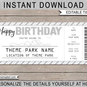 Überraschungs-Themenpark-Eintrittskarte Geburtstagsgeschenk Druckbare Vorlage - Freizeitpark-Eintrittsgutschein - Silberglitzer - EDITIERBARER TEXT-DOWNLOAD