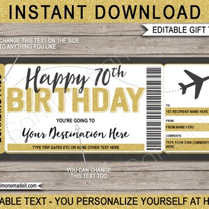 Modelo de cartão de embarque para aniversário de 70 anos - Presente de viagem surpresa - Cupom de passagem de avião falso - Destino de voo de avião - DOWNLOAD DE TEXTO EDITÁVEL