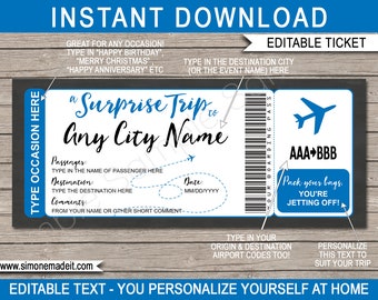Surprise Trip Ticket Printable Boarding Pass Editable Template - Any Occasion, Any Destination - Fake Plane Flight Ticket - INSTANT DOWNLOAD