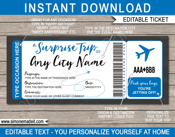 Surprise Trip Ticket Printable Boarding Pass Editable Template - Any Occasion, Any Destination - Fake Plane Flight Ticket - INSTANT DOWNLOAD Il_570xn