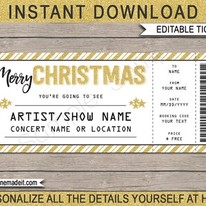 Weihnachtsgeschenk Konzertkarte Vorlage - Druckbare Geschenkgutschein Gutschein Coupon für eine Show, Band - INSTANT DOWNLOAD mit EDITIERBARE Text