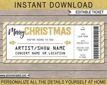 Christmas Gift Concert Ticket Template - Printable Gift Certificate Voucher Coupon to see a Show, Band - INSTANT DOWNLOAD with EDITABLE text