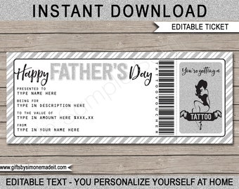 Fathers Day Tattoo Gift Voucher Printable Template - Certificate, Card, Coupon for Dad - EDITABLE TEXT DOWNLOAD - you personalize