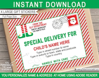 Elf Mail Labels Template - Printable Extra Large Christmas Shipping Gift Stickers - Big Full Page Tags - Santa Claus - EDITABLE Name Address