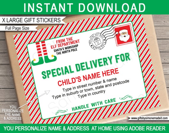 Elf Address Labels Template - Printable Extra Large Mail Gift Stickers - Big Full Page Christmas Tags - Santa Claus - EDITABLE Name Address Il_570xn