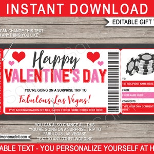 Plantilla de vale de regalo del día de San Valentín de boleto de viaje de Las Vegas - Viaje sorpresa revela escapada de vacaciones - Fichas de póquer de casino - EDITABLE