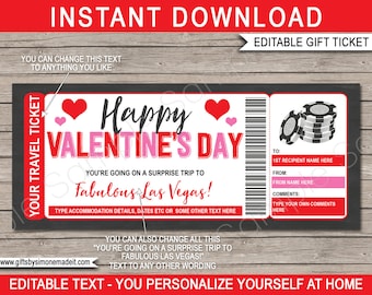 Las Vegas reisticket Valentijnsdag cadeaubon sjabloon - verrassingsreis onthullen vakantie vakantie uitje - Casino Poker Chips - BEWERKBAAR