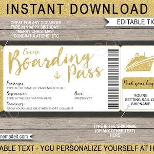 Cruise Ticket Template Printable Gold Boarding Pass Gift - Any Occasion - Surprise Cruise Reveal Voucher Coupon - EDITABLE TEXT DOWNLOAD