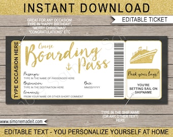 May include: Editable printable cruise boarding pass ticket template with gold glitter text. The text says "Cruise Boarding Pass" and includes fields for passenger name, destination, date, and comments. The ticket also includes a graphic of a cruise ship and the text "Pack your bags! You're setting sail on SHIPNAME".