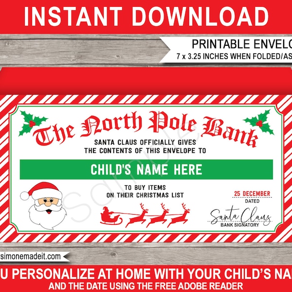 Santa Money Envelope Template - Printable Christmas Cash Gift Wallet for Kids - Last Minute Stocking Stuffer - EDITABLE Name DOWNLOAD