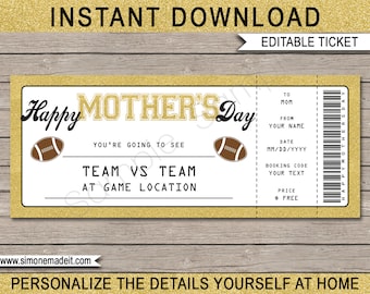 Football Game Ticket Mothers Day Gift - Printable Surprise Ticket to a Football Game - Gift Voucher - INSTANT DOWNLOAD with EDITABLE text