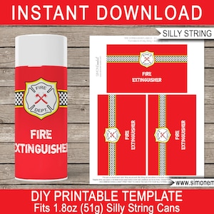 Fire Fighter Party Favors Template - Printable Fire Extinguisher Silly String Labels - Fireman Theme Birthday Party Decorations