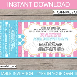 Pink Circus Ticket Invite Template - Carnival Theme Invitation - Birthday Party - INSTANT DOWNLOAD - EDITABLE text - you personalize at home