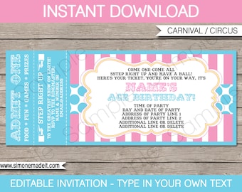 Pink Circus Party Ticket Invitation Template - Circus Party - INSTANT DOWNLOAD with EDITABLE text - you personalize at home