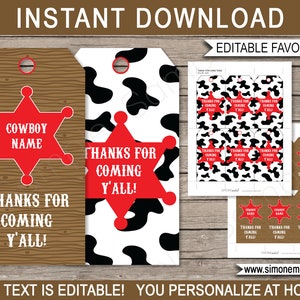 Cowboy Party Favor Tags Template - Thank You Tags - Birthday Party Favors - INSTANT DOWNLOAD with EDITABLE text - you personalize at home