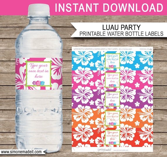 Luau Party Water Bottle Labels or Wrappers - INSTANT DOWNLOAD & EDITABLE template - type your own text in Adobe Reader Il_570xn