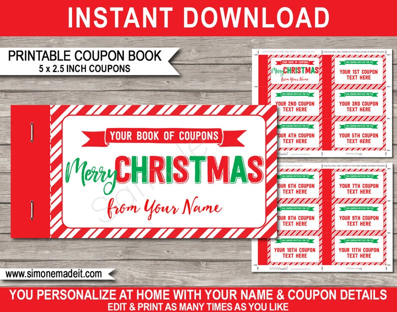 Printable Christmas Coupon Book Template Last Minute Personalized Custom Gift Vouchers Certificate INSTANT DOWNLOAD with EDITABLE text image 1